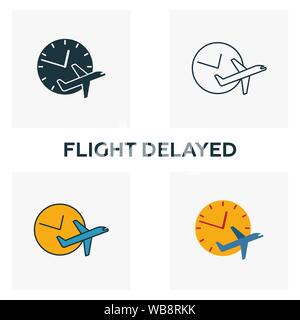 Flight Delayed icon set. Four elements in diferent styles from airport icons collection. Creative flight delayed icons filled, outline, colored and Stock Vector
