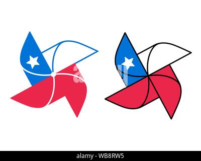 Cartoon pinwheel icon with Chile flag design. Classic wind toy symbol. Isolated vector clip art illustration. Stock Vector