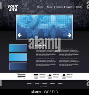 Blue Website Design Template with World Map in Freely Scalable and Editable Vector Format Stock Vector