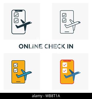 Online Check In icon set. Four elements in diferent styles from airport icons collection. Creative online check in icons filled, outline, colored and Stock Vector
