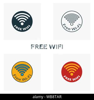 Free Wifi icon set. Four elements in diferent styles from airport icons collection. Creative free wifi icons filled, outline, colored and flat symbols Stock Vector
