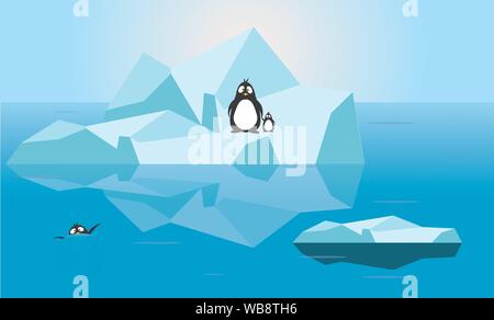 Penguin family on melting ice with on penguin drowning in ocean with worried nervous face illustration vector graphic - Global warming crisis Climate Stock Vector