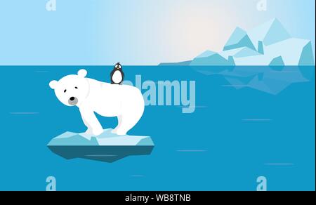Polar Bear and Penguin with worried face on small melting ice in empty ocean illustration vector graphic - Global warming crisis Climate change proble Stock Vector