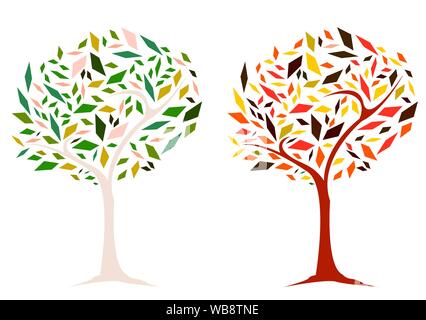 Diversity multi-color tree  trapezoid shape leaves illustration graphic vector with hot and cold tone colours represent Spring and Autumn season - eas Stock Vector
