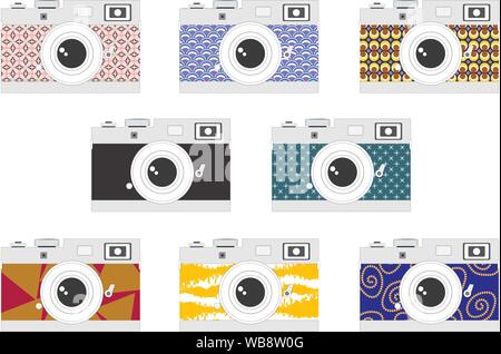 Camera set with various body colours and pattern - Retro, Vintage, pastel, modern. Flat graphic illustration vector compact slr or Dslr camera icon fo Stock Vector