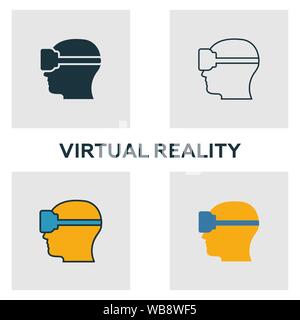 Virtual Reality icon set. Four elements in diferent styles from visual device icons collection. Creative virtual reality icons filled, outline Stock Vector
