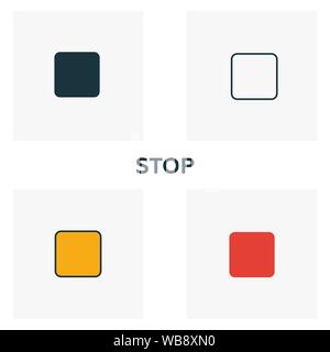 Stop icon set. Four elements in diferent styles from audio buttons icons collection. Creative stop icons filled, outline, colored and flat symbols Stock Vector