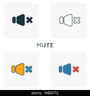 Mute icon set. Four elements in diferent styles from audio buttons icons collection. Creative mute icons filled, outline, colored and flat symbols Stock Vector