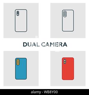 Dual Camera icon set. Four elements in diferent styles from visual device icons collection. Creative dual camera icons filled, outline, colored and Stock Vector