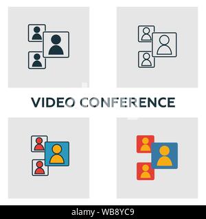 Video Conference icon set. Four elements in diferent styles from visual device icons collection. Creative video conference icons filled, outline Stock Vector