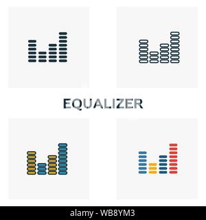 Equalizer icon set. Four elements in diferent styles from audio buttons icons collection. Creative equalizer icons filled, outline, colored and flat Stock Vector