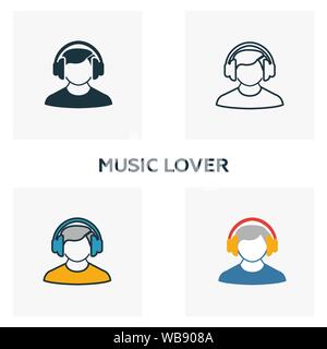 Music Lover icon set. Four elements in diferent styles from audio buttons icons collection. Creative music lover icons filled, outline, colored and Stock Vector