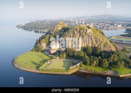 Dumbarton castle building on volcanic rock aerial view from above Scotland UK Stock Photo