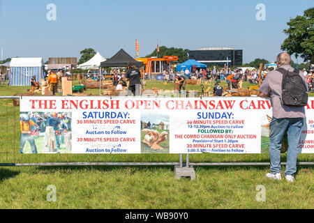 Tabley, Cheshire, UK. 25th Aug, 2019. The 15th English Open Chainsaw Competition at the Cheshire County Showground, England - artists create pieces of work in the 30 minute challenge Credit: John Hopkins/Alamy Live News Stock Photo