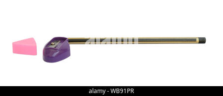 Pencil, sharpener and eraser on white background Stock Photo