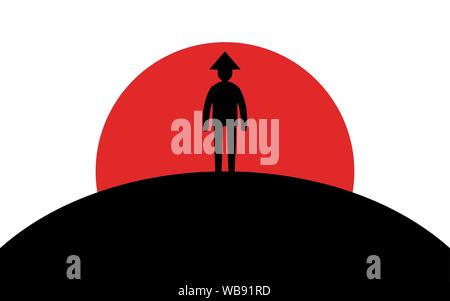 Chinese man stands on a hill, sunset, silhouette art image, vector illustration isolated on white background Stock Vector