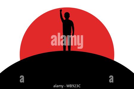 A man raised his fist, a guy stands on a hill, sunset, silhouette art image, vector illustration isolated on white background Stock Vector