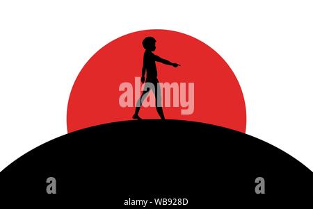 The guy shows the index finger into the distance, a man stands on a hill, sunset, silhouette art image, vector illustration isolated on white backgrou Stock Vector