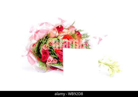 Bouquet of roses with blank note card Stock Photo
