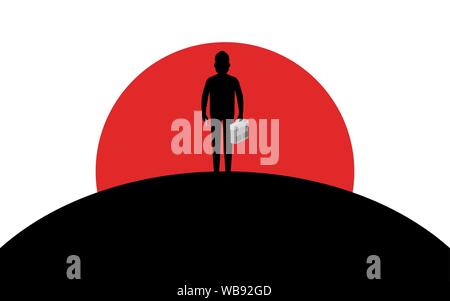 The builder is holding a screwdriver and tool box, the repairman is standing on a hill, sunset, silhouette art image, vector illustration isolated on Stock Vector