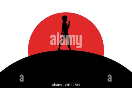 The guy with the index finger up stands on a hill, sunset, silhouette art image, vector illustration isolated on white background Stock Vector