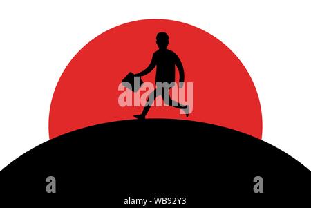 Businessman with a briefcase runs on a hill, sunset, silhouette art image, vector illustration isolated on white background Stock Vector