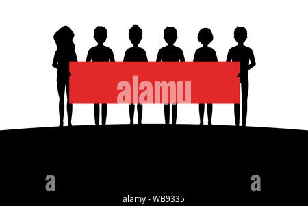 A group of people stands on a hill and holds a red poster, silhouette art image, vector illustration isolated on white background Stock Vector