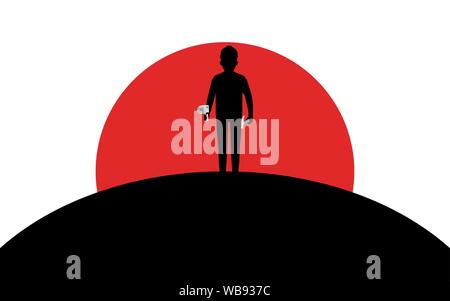 The builder holds a drill and a hammer, the repairman is standing on a hill, silhouette art image, vector illustration isolated on white background Stock Vector