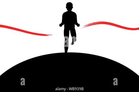 Runner crosses the finish red ribbon, silhouette art image, vector illustration isolated on white background Stock Vector