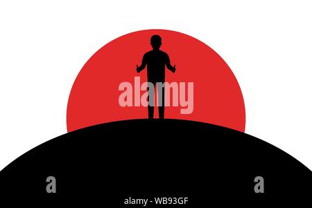 Man shows thumbs up, guy stands on a hill, sunset, silhouette art image, vector illustration isolated on white background Stock Vector