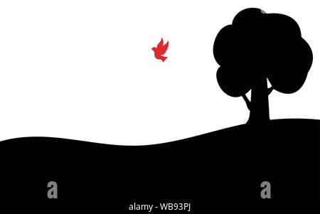 Red bird flies away from a tree, silhouette art image, vector illustration isolated on white background Stock Vector