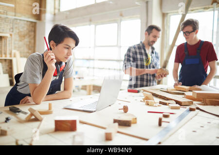 Portrait of modern carpenters working at woodworking factory, focus on young woman using laptop in foreground, copy space Stock Photo