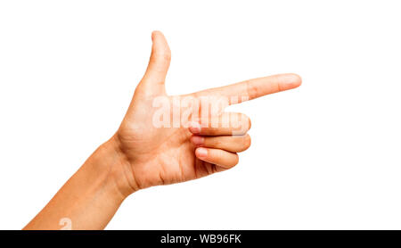 Woman's hand making shooting gun, gesture. hand pistol gesture on isolated white background. Woman hand pointing with two fingers Stock Photo