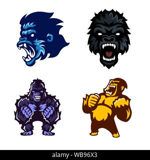 Gorilla, Ape, Monkey, Set of logo mascot, Vector. Stock Vector
