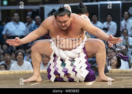 August 25, 2019, Tokyo, Japan: A sumo wrestler Hakuho Sho participates in a special Grand Sumo Tournament during the ''Hakkiyoi KITTE'' event held at KITTE commercial complex. Every year, visitors came to see the matches of top-division sumo wrestlers, including grand champions (Yokozuna), in a Tokyo regional tour ''Grand Sumo Tournament at KITTE'' that is held on the final day of the event. The Hakkiyoi KITTE event promotes the sumo culture to visitors to learn and experience Japan's national sport. The event is held at KITTE commercial complex inside the Japan Post building from August 13 to Stock Photo