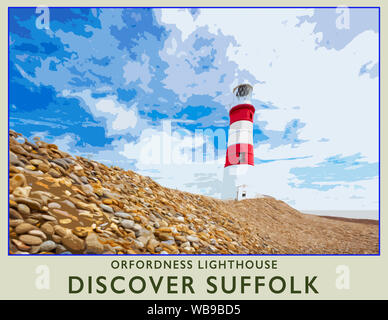 Travel poster from a photograph of Orfordness Lighthouse on Orford Ness National Nature Reserve, Orford, Suffolk, England, UK Stock Photo