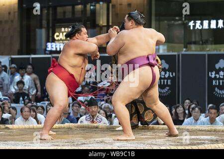 Tokyo, Japan. 25th Aug, 2019. Sumo wrestlers participate in a special Grand Sumo Tournament during the ''Hakkiyoi KITTE'' event held at KITTE commercial complex. Every year, visitors came to see the matches of top-division sumo wrestlers, including grand champions (Yokozuna), in a Tokyo regional tour ''Grand Sumo Tournament at KITTE'' that is held on the final day of the event. The Hakkiyoi KITTE event promotes the sumo culture to visitors to learn and experience Japan's national sport. The event is held at KITTE commercial complex inside the Japan Post building from August 13 to 25. (Credit Stock Photo