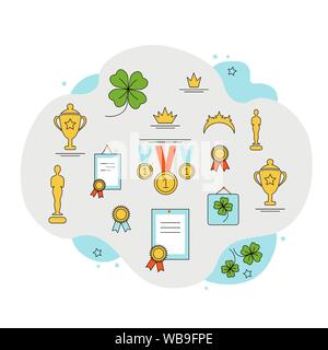 Vector illustration, luck symbol clover, sports awards, cup, medal, diploma, badge, diploma, crown, oscar on the shelves. The concept of competition, Stock Vector