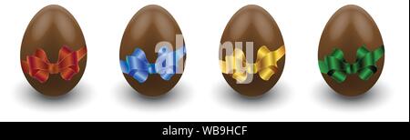 chocolate eggs and red. golden; blue; green; yellow; bow, volume image, Easter; eggs; Stock Vector