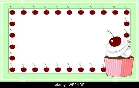 card, the business card with cherries frame and cupcake with cream and cherry Stock Vector