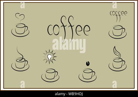 set of cups with hot coffee and a coffee inscription Stock Vector