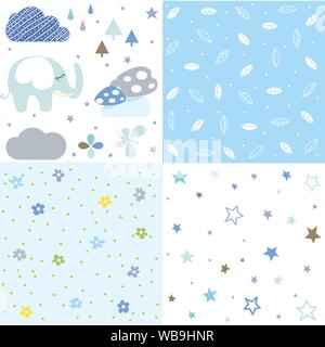 Set of baby shower patterns. Seamless pattern vector. Baby elephant vector set. Graphic design elements Stock Vector