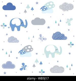 Baby shower seamless pattern with Cute elephant, clouds, butterfly, flowers, mushrooms. Stock Vector