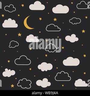 Cute baby clouds, stars, moon pattern vector seamless Stock Vector