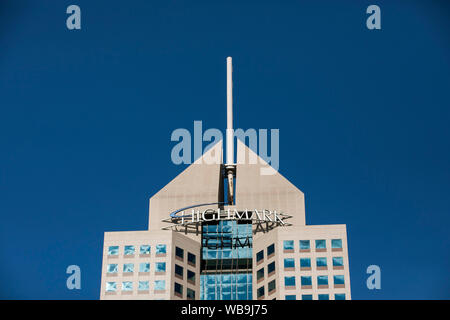 A logo sign outside of the headquarters of Highmark in Pittsburgh, Pennsylvania on August 9, 2019. Stock Photo