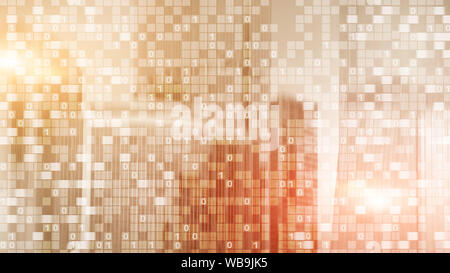 Digital code on blur city background. Abstract Binary code Stock Photo