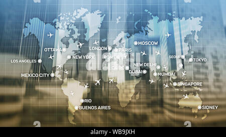Global Aviation Abstract Background with planes and city names on a map. Business Travel Transportation concept. Stock Photo