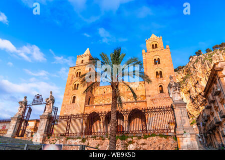 Cefalu, Sicily, Italy: Town square with The Cathedral or Basilica of Cefalu, a Roman Catholic church built in the Norman style Stock Photo