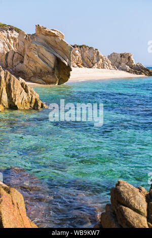 Exotic Platanitsi beach in Sarti, Sithonia, Greece with crystal clear water and spectacular shapes of rocks Stock Photo