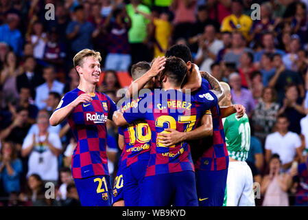 Barcelona, Spain. 25th Aug, 2019. Barcelona players celebrate the third goal during the La Liga match between FC Barcelona and Real Betis at the Camp Nou Stadium in Barcelona, Spain. Credit: Christian Bertrand/Alamy Live News Stock Photo